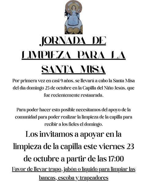Aviso de la jornada de limpieza para la Santa Misa